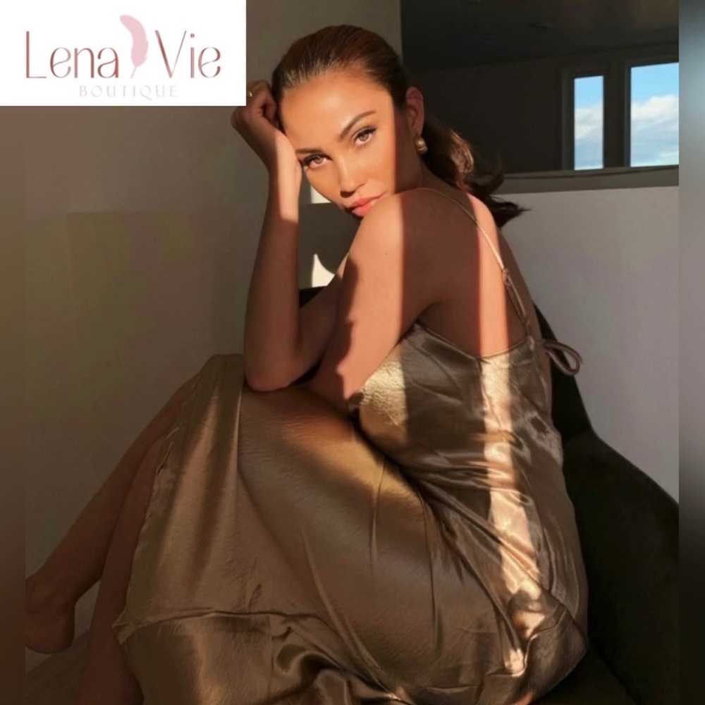 Lena Vie Champagne Addie May Slip Dress Hammered Soft Satin Long Gold Maxi Gown - Picture 10 of 12